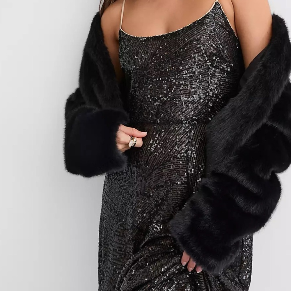 LOFT Black Shimmer Sequin Midi Cocktail Wedding Guest Evening Dress - Black 8 - Picture 3 of 14
